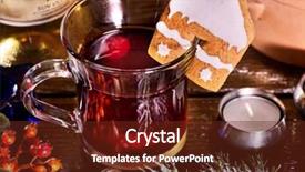  Presentation with mulled wine - Theme featuring christmas cookies in form of house is decorated with christmas glass mug with hot winter drink warming mulled wine with berry top view background and a tawny brown colored foreground