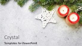  Presentation with christmas candles - Beautiful theme featuring christmas decor candles and fir tree branch covered by snow on stone background top view xmas backdrop with space for your greetings backdrop and a light gray colored foreground