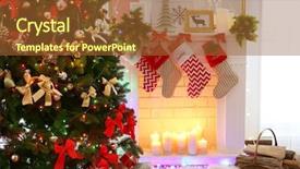  Presentation with christmas stocking - PPT theme having christmas decoration of fireplace background and a red colored foreground