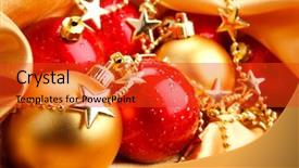  Presentation with golden christmas - Theme featuring christmas decoration on satin textile background and a red colored foreground