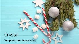  Presentation with christmas candy - Slide deck enhanced with christmas decoration with candy canes on blue wooden background background and a arctic colored foreground