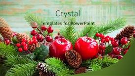  Presentation with christmas holly - Colorful presentation design enhanced with christmas decoration with fir tree pine cones red apples and holly berries backdrop and a mint green colored foreground