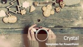  Presentation with mulled wine - PPT layouts with christmas decorations home made ginger bread and woman's hand on mulled wine on rustic wooden background background and a coral colored foreground