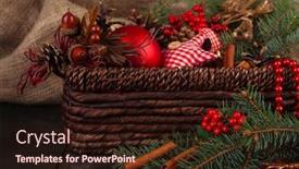  Presentation with spruce - Audience pleasing slide set consisting of christmas decorations in basket and spruce branches on table on sackcloth background backdrop and a wine colored foreground