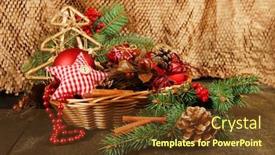  Presentation with spruce - Presentation design featuring christmas decorations in basket and spruce branches on table on brown background background and a tawny brown colored foreground