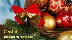  Presentation with spruce - Slides consisting of christmas decorations in basket and spruce branches on bright background background and a tawny brown colored foreground