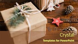 Presentation with star red - Slide deck having christmas decorations in form of white firtree and red star pine cones and packed giftbox with conifer on top background and a tawny brown colored foreground