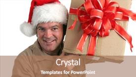  Presentation with gift - Theme featuring christmas delivery man shaking a gift and smiling as he tried to guess what's inside - isolated background and a coral colored foreground