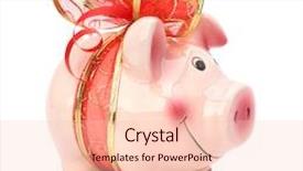  Presentation with piggy bank - Colorful slide deck enhanced with christmas deposit concept piggy bank with festive bow isolated on white backdrop and a lemonade colored foreground