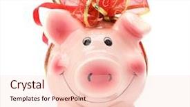  Presentation with deposit - Colorful slides enhanced with christmas deposit concept piggy bank with festive bow isolated on white backdrop and a lemonade colored foreground