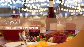  Presentation with christmas food - Presentation theme consisting of christmas dinner and eating concept - food and drinks on table at home background and a coral colored foreground