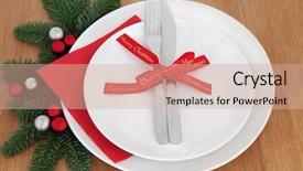  Presentation with christmas dinner - Audience pleasing presentation theme consisting of christmas dinner place setting with white plates cutlery red bow ribbon fir and bauble decorations over oak background backdrop and a lemonade colored foreground