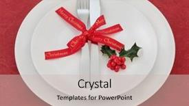  Presentation with christmas holly - Cool new presentation theme with christmas dinner place setting with white plates bow holly and cutlery over mottled red background backdrop and a soft green colored foreground