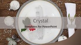  Presentation with holly - Cool new slide set with christmas dinner place setting with plate napkin cutlery bauble decorations with holly and mistletoe over oak table background backdrop and a light gray colored foreground