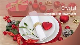  Presentation with christmas holly - PPT theme featuring christmas dinner place setting with plates napkin red baubles holly mistletoe fir and gift box over light oak background background and a coral colored foreground