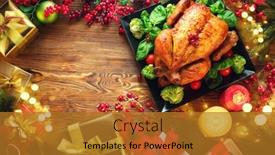  Presentation with christmas dinner - Colorful presentation design enhanced with christmas-dinner-roasted-chicken-winter backdrop and a gold colored foreground