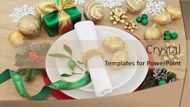  Presentation with oak - Cool new PPT theme with christmas dinner still life with place setting plates napkin baubles ribbons and gift box with winter flora over oak background backdrop and a coral colored foreground