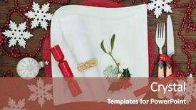  Presentation with cracker - PPT theme consisting of christmas dinner table setting with white porcelain plate cracker holly mistletoe napkin snowflake baubles red bead decorations antique cutlery and ribbon over oak wood background background and a red colored foreground