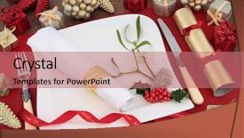  Presentation with cracker - Slide deck enhanced with christmas dinner table setting with white plate cutlery linen serviette holly mistletoe bauble decorations and cracker over on a red place mat on oak background background and a coral colored foreground