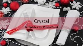  Presentation with christmas holly - Audience pleasing slides consisting of christmas dinner table setting with white porcelain plates ribbon holly silver and red bauble decorations cutlery and linen napkin with ring over dark wood background backdrop and a coral colored foreground