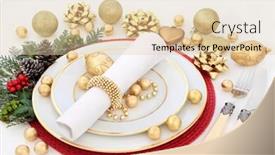  Presentation with christmas holly - PPT layouts with christmas dinner table setting with porcelain plates napkin gold bauble decorations cutlery holly mistletoe ivy and fir on white background background and a lemonade colored foreground