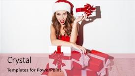  Presentation with young business woman smile show - PPT layouts consisting of christmas elf - smiling attractive young woman background and a coral colored foreground