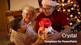  Presentation with gift - Beautiful PPT layouts featuring christmas eve-smiling family holding backdrop and a tawny brown colored foreground