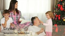  Presentation with living room family - Presentation consisting of christmas family portrait at breakfast in home holiday living room at morning background and a coral colored foreground