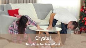  Presentation with living room family - PPT layouts enhanced with christmas family portrait at breakfast in home holiday living room at morning background and a coral colored foreground
