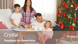  Presentation with living room family - Slide set consisting of christmas family portrait at breakfast in home holiday living room at morning background and a coral colored foreground