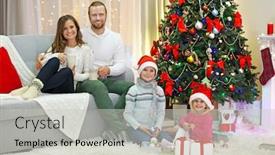  Presentation with living room family - Slide deck enhanced with christmas family portrait in home holiday living room background and a light gray colored foreground