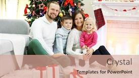  Presentation with living room family - Presentation theme having christmas family portrait in home holiday living room background and a coral colored foreground