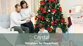  Presentation with living room family - Slide set with christmas family portrait in home holiday living room background and a gray colored foreground