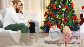  Presentation with living room family - PPT theme featuring christmas family portrait in home holiday living room background and a coral colored foreground