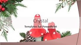  Presentation with christmas holly - PPT theme having christmas fantasy background with fly agaric mushroom decorations red baubles holly mistletoe ivy pine cones and traditional greenery over white background and a sky blue colored foreground