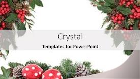  Presentation with christmas holly - Presentation theme featuring christmas fantasy scene with fly agaric mushroom baubles holly mistletoe ivy snow tipped pine cones and traditional winter greenery over white with copy space background and a white colored foreground