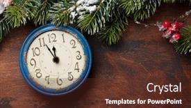  Presentation with fir tree - Amazing presentation theme having christmas fir tree and alarm clock over old wooden texture background xmas backdrop top view with copy space for your greetings backdrop and a tawny brown colored foreground