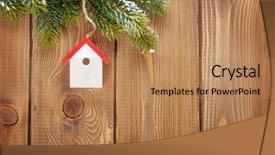  Presentation with fir tree - Colorful slides enhanced with christmas fir tree and birdhouse decor on rustic wooden board with copy space backdrop and a coral colored foreground