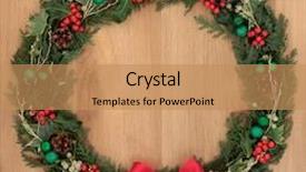  Presentation with red floral - Amazing slide set having christmas floral wreath decoration with green baubles red bow holly and winter greenery over oak background backdrop and a coral colored foreground