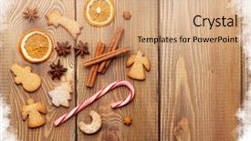  Presentation with christmas food - Audience pleasing slides consisting of christmas food decoration with gingerbread cookies spices and candies view from above on wooden background with copy space backdrop and a coral colored foreground