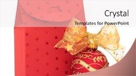  Presentation with red gold white - Beautiful theme featuring christmas gift bag in red with star design with decorated sparkling bauble and gold ribbon isolated over white background backdrop and a sky blue colored foreground