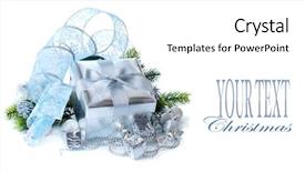  Presentation with silver christmas - Colorful presentation theme enhanced with christmas gift box and decorations isolated on white background design composition silver and blue color new year xmas gift with satin bow blue ribbon tinsel and baubles backdrop and a white colored foreground