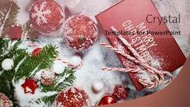  Presentation with cane - Amazing slide set having christmas gift box candy cane and fir tree branch on snow table backdrop and a coral colored foreground