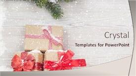  Presentation with snow tree - PPT layouts enhanced with christmas gift boxes and fir tree branch covered by snow in front of wooden wall with space for your greeting text background and a lemonade colored foreground