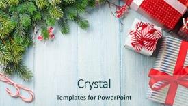  Presentation with fir tree - PPT layouts consisting of christmas gift boxes and fir background and a sky blue colored foreground