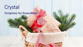  Presentation with fir tree - Colorful presentation design enhanced with christmas gift boxes and fir tree branch in basket on wooden table backdrop and a sky blue colored foreground