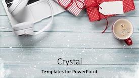  Presentation with coffee cup - Presentation theme with christmas gift boxes laptop headphones background and a light gray colored foreground