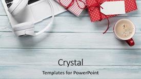  Presentation with christmas gift wrap - PPT theme featuring christmas gift boxes laptop headphones background and a light gray colored foreground