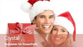  Presentation with young happy couple - Amazing PPT theme having christmas gift isolated over white backdrop and a  colored foreground