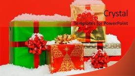  Presentation with christmas presents - Presentation theme enhanced with christmas gift wrapped presents on snow with red background background and a red colored foreground